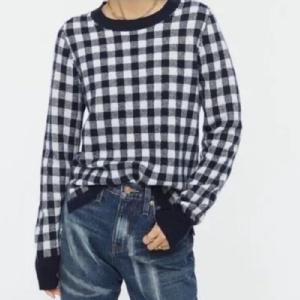 J. Crew Gingham Cashmere Sweater ASO Wednesday Adams Blue & White Size Large - Picture 3 of 11